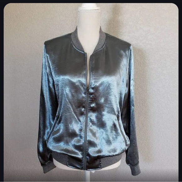 Storee Satin Shimmer Turquoise Bomber Jacket Zip Up NWT - Picture 9 of 10